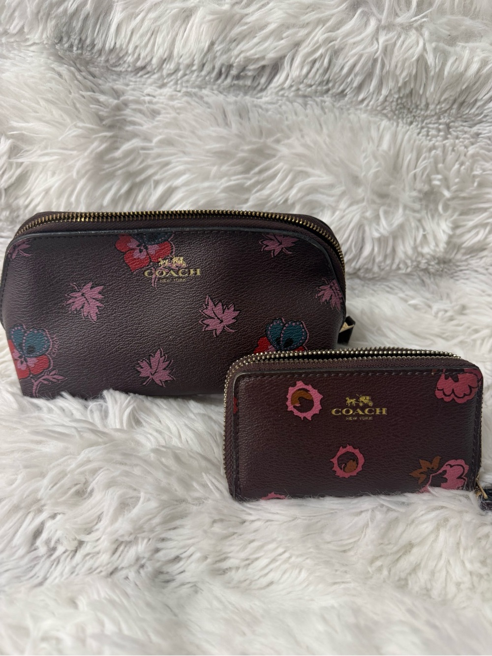 Coach Brown Floral Pebble Leather Cosmetic Pouch & Card Case